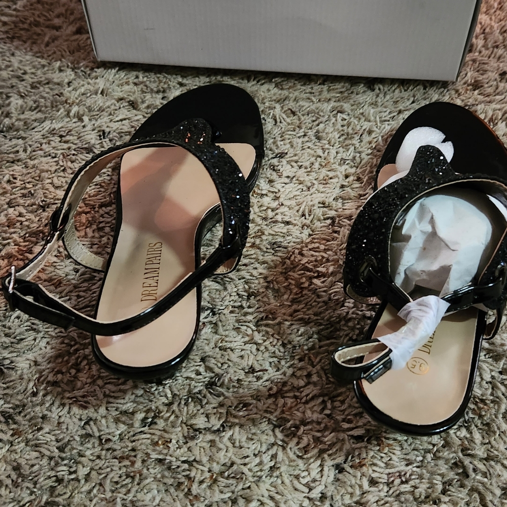 Thong Wedge Sandals Black Sequins Wedge - Picture 4 of 6